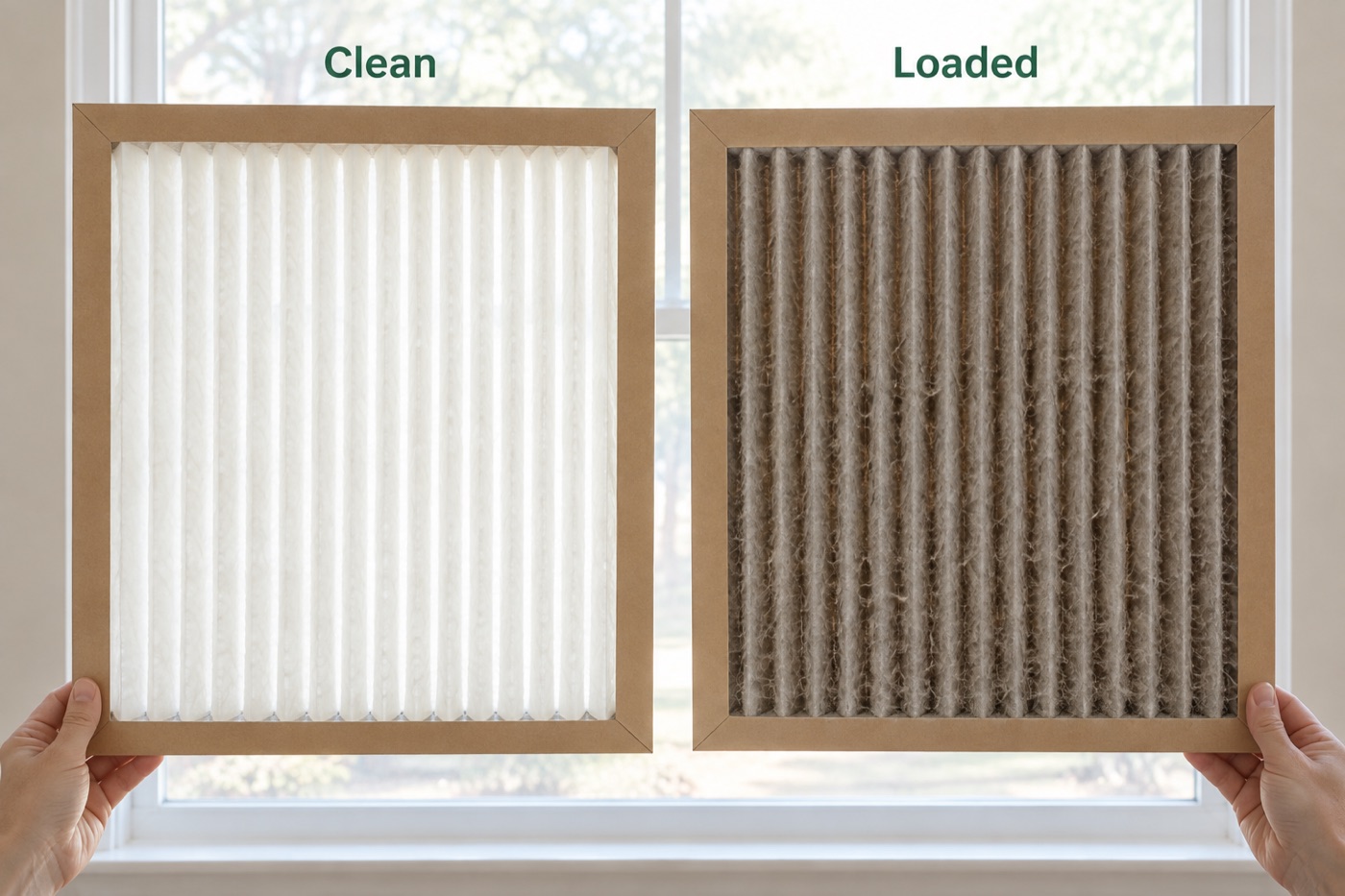 A clean furnace filter and a clogged one held up to a window for comparison