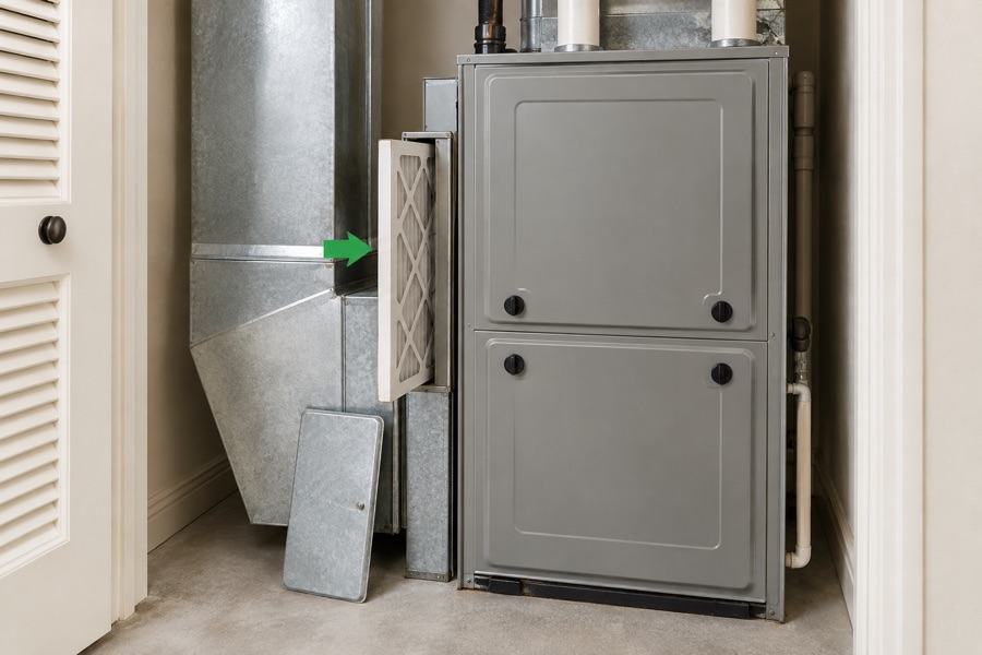 Filter slot on the side of a furnace with the access panel open