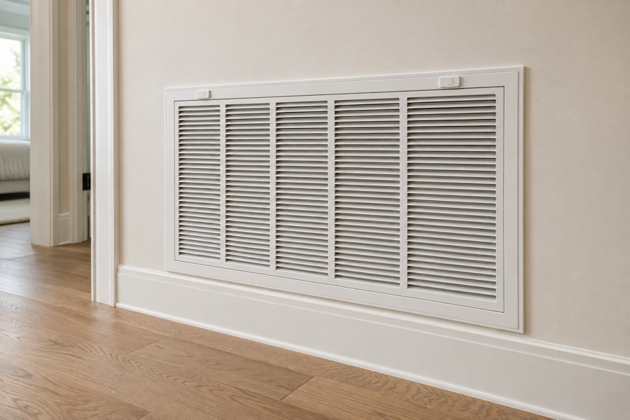 Return air grille on a hallway wall where the filter sits behind it